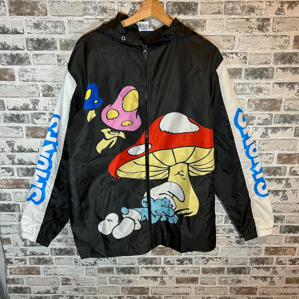 The Smurfs Mushroom Graphic Windbreaker Jacket Black Mens Large Full Zip Hooded
